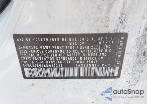 2019 Volkswagen Jetta 1.4T R-Line/1.4T S/1.4T Se z USA, uszkodzony, nr VIN 3VWC57BU9KM087322